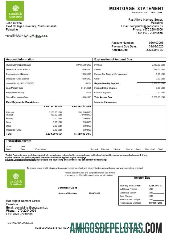 Extrato de hipoteca do Banco Palestina Quds em formatos Word e PDF amostra